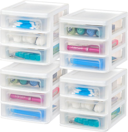 IRIS USA Plastic Stacking Desk Top 3-Drawer Storage Organizer, 2-Pack, for Makeup Vanity Nail Polish Bathroom Stationery Art Craft Supplies Kitchen Office Garage and Small Organization, Small, Black