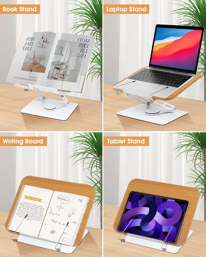 Honagu Book Stand for Reading, Adjustable Book Holder with 360 Degree Rotating Base & Page Clips, Hands Free Foldable Desktop Cookbook Stand for Sheet Music, Laptop, Recipe, Textbook (Acrylic)