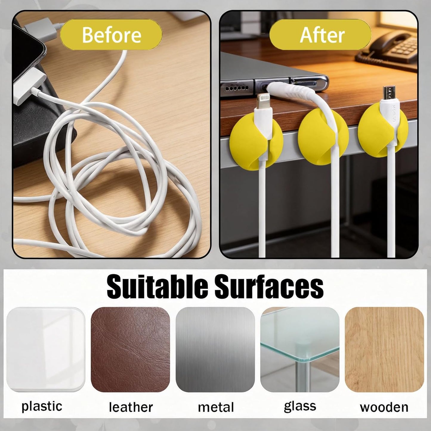 3PCS Cord Holder Cable Clips, Round Silicone Adhesive Cord Organizer Charger Holder Wire Management Keeper for Home, Nightstand, Desk, Office or Mouse, Light Green
