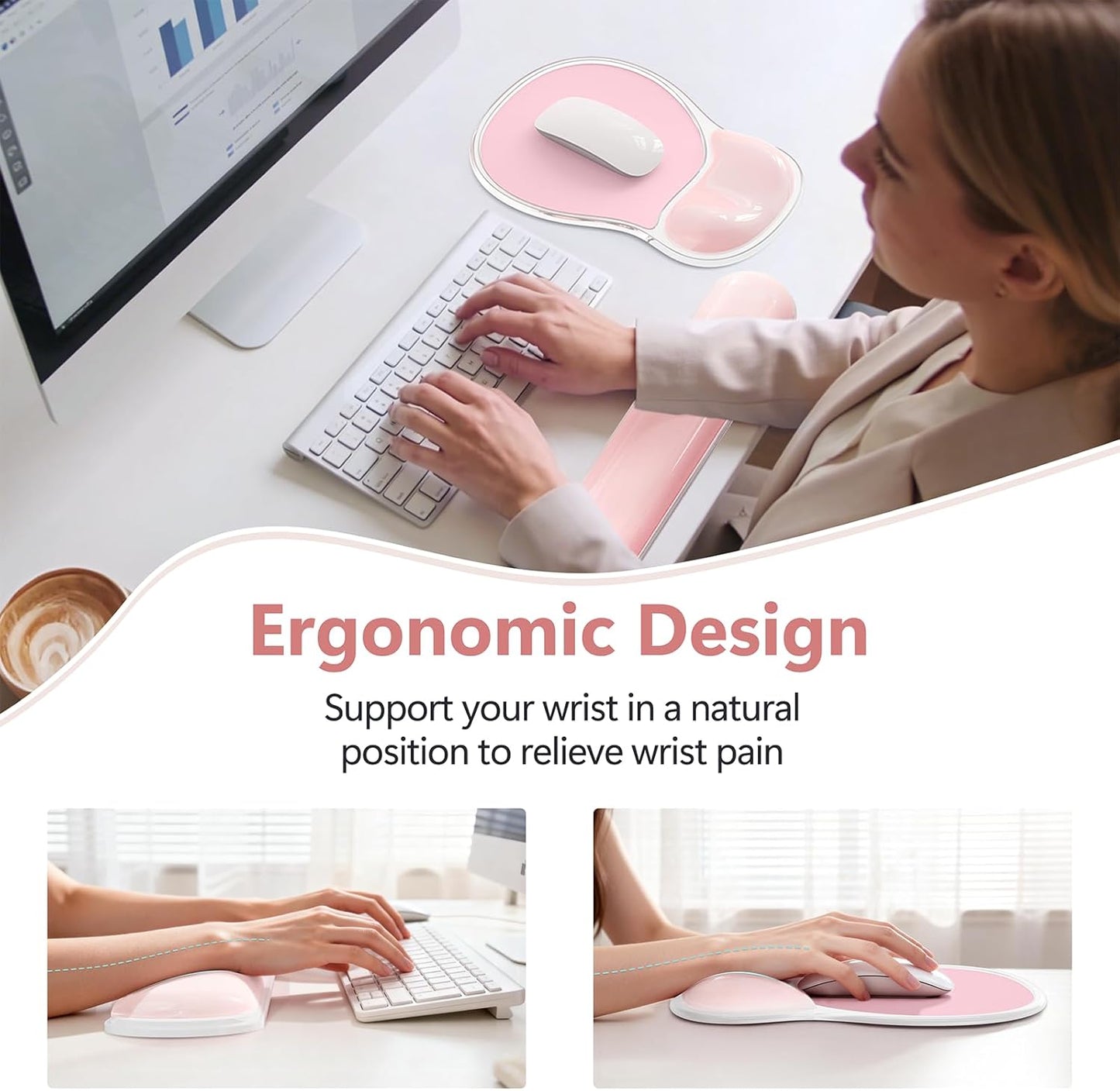 AKIT Ergonomic Mouse Pad and Keyboard Wrist Rest Set, Gel Memory Foam Wrist Rest with Non-Slip Base, 3-in-1 Mousepad Set for Pain Relief, Desk Accessories for Gaming, Home, Office(Black)