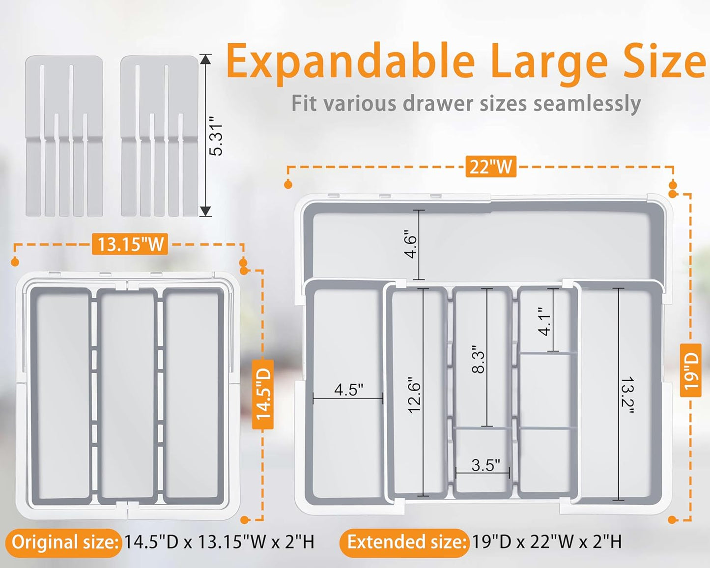 Homecor Large Utensil Organizer for Kitchen Drawer, Expandable Silverware Drawer Organizer Cooking Tray, Cutlery and Flatware Utensil Holder Kitchen Spatula Tools Storage with 3 Dividers, Grey