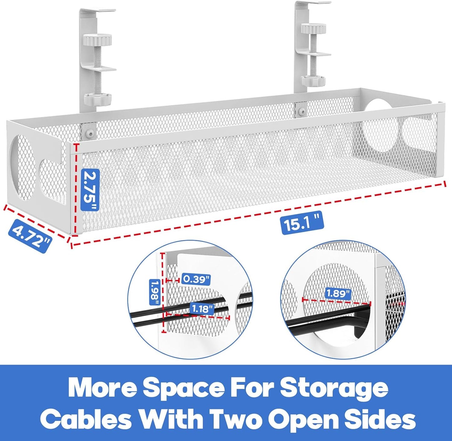 Under Desk Cable Management Tray No Drill 15.1’’, Metal Mesh Cable Management Box with Hybrid Side Slots Cable Raceway,Adjustable Cable Tray with Wire Management for Office Home,1 Pack (Black)
