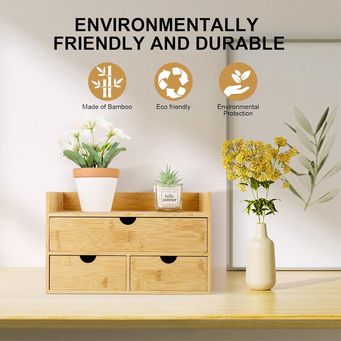Charmewooden Bamboo Desk Organizer with 3 Drawers, Countertop Organizer with Drawers Makeup Storage Drawer 3 Drawers Tabletop Storage Organization Box Home Office Workspace