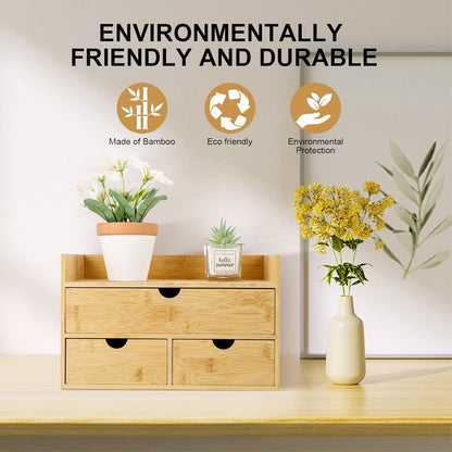 Charmewooden Bamboo Desk Organizer with 3 Drawers, Countertop Organizer with Drawers Makeup Storage Drawer 3 Drawers Tabletop Storage Organization Box Home Office Workspace
