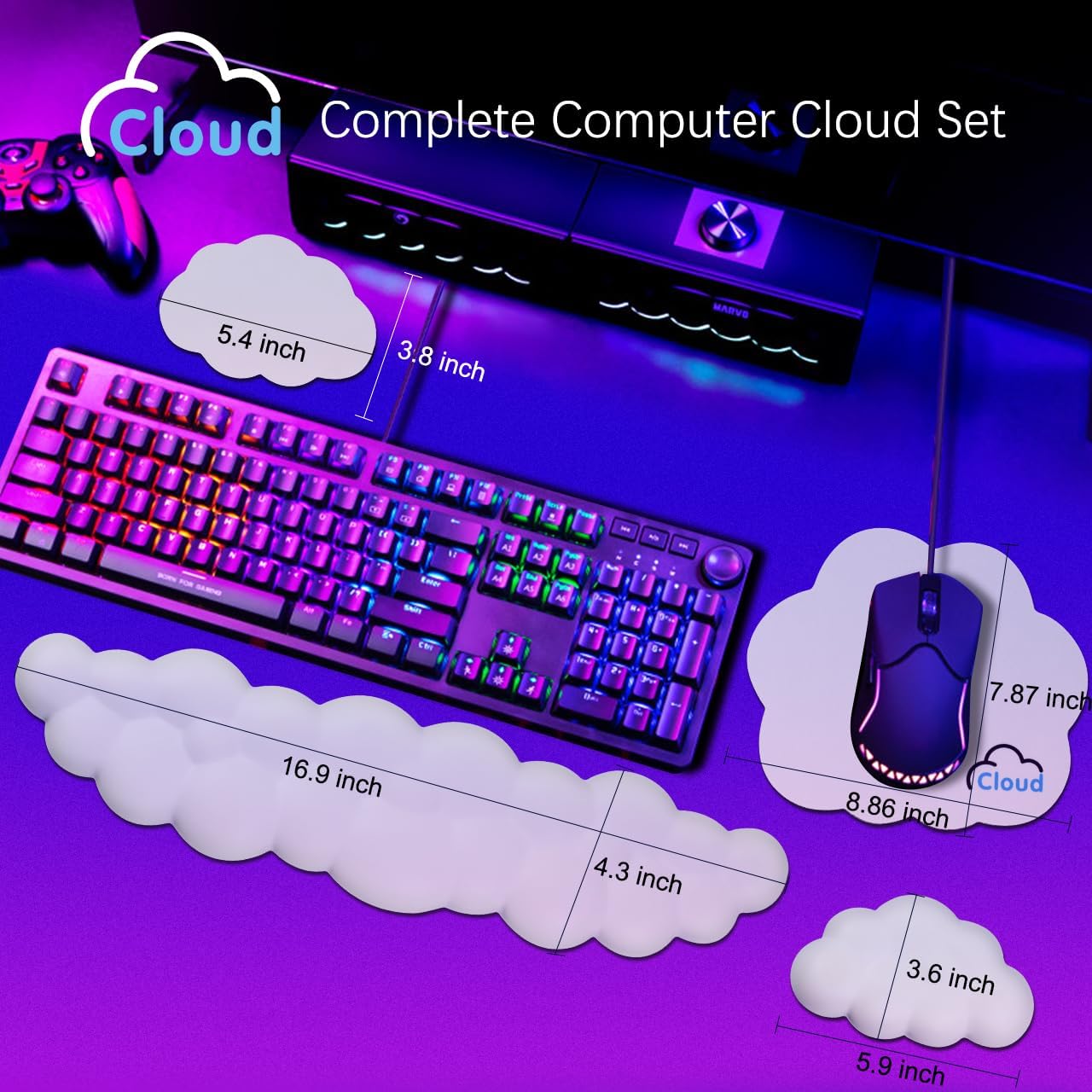 Cloud Wrist Rest Keyboard Palm Rest with Non-Slip Base for Computer Gaming Wrist Rest, YAMJUG Cloud Arm Rest Keyboard Wrist Pad Rainbow