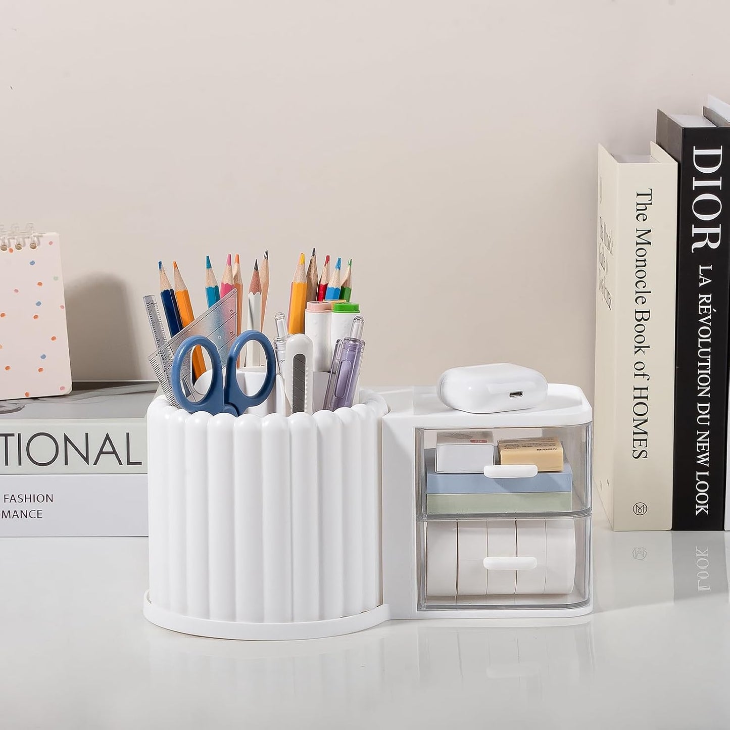 Anyoifax 360° Rotating Pen Holder 7 Slots Desk Organizer Removable Pencil Cup Plastic Art Supplies and Accessories Desktop Storage Box Caddy for Office, School, Home (White)