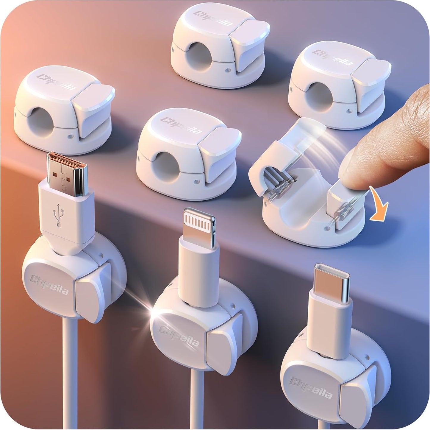 8Pack Cord Organizer [Dual Spring & Clasp, Max Secure] Cable Clips - Chfeila Cable Management, Adhesive Phone Charging Wire Holder for Nightstand/Wall, Home Office Desk Accessories Decor Essentials