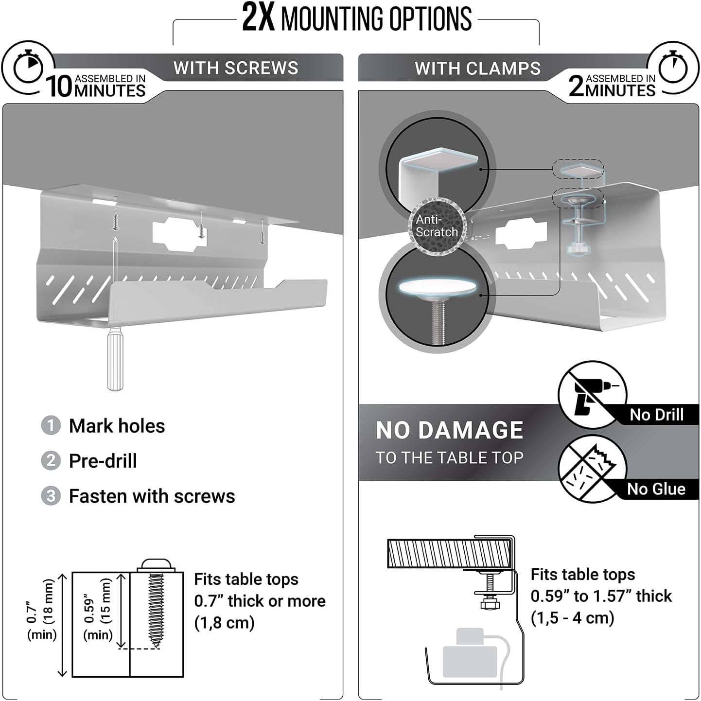 Under Desk Cable Management Tray no Drill – Wire Management - Cord Organizer – Huge Load Capacity – Under Desk Cable Tray no Drill (Black, 2 Pieces Set)