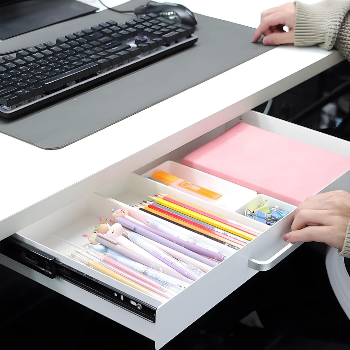 Under Desk Drawer Organizer 21" White Upgrade with Adjustable Brackets, Sliding Pull-Out Under Table Pencil Drawer, Office Standing Desk Attachment for Workbench