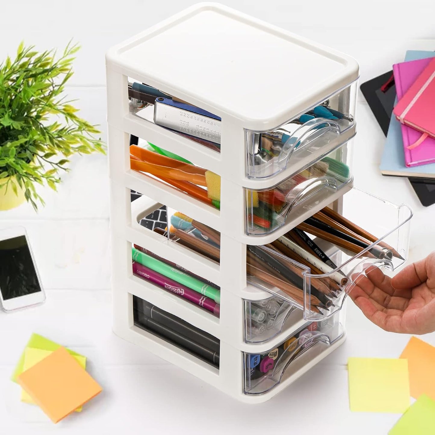 Hedume Desktop Drawer, Clear 5 Drawer Desktop Storage Unit, White Frame with Clear Drawers, Drawer Unit