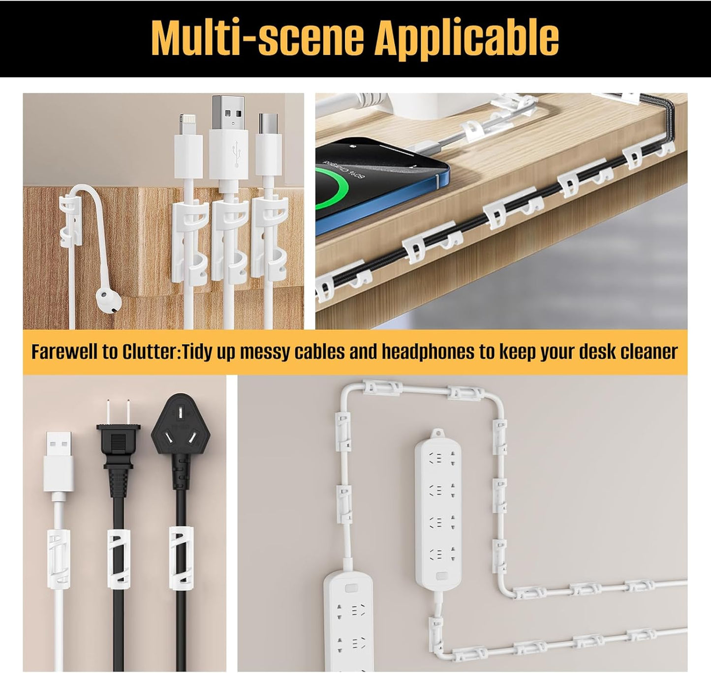 50 Pcs Self Adhesive Cable Clips,Upgraded Cable Management with Screw Hole,Strong Cord Organizer for Under Desk,Car,TV PC,Christmas Light Indoor/Outdoor-S