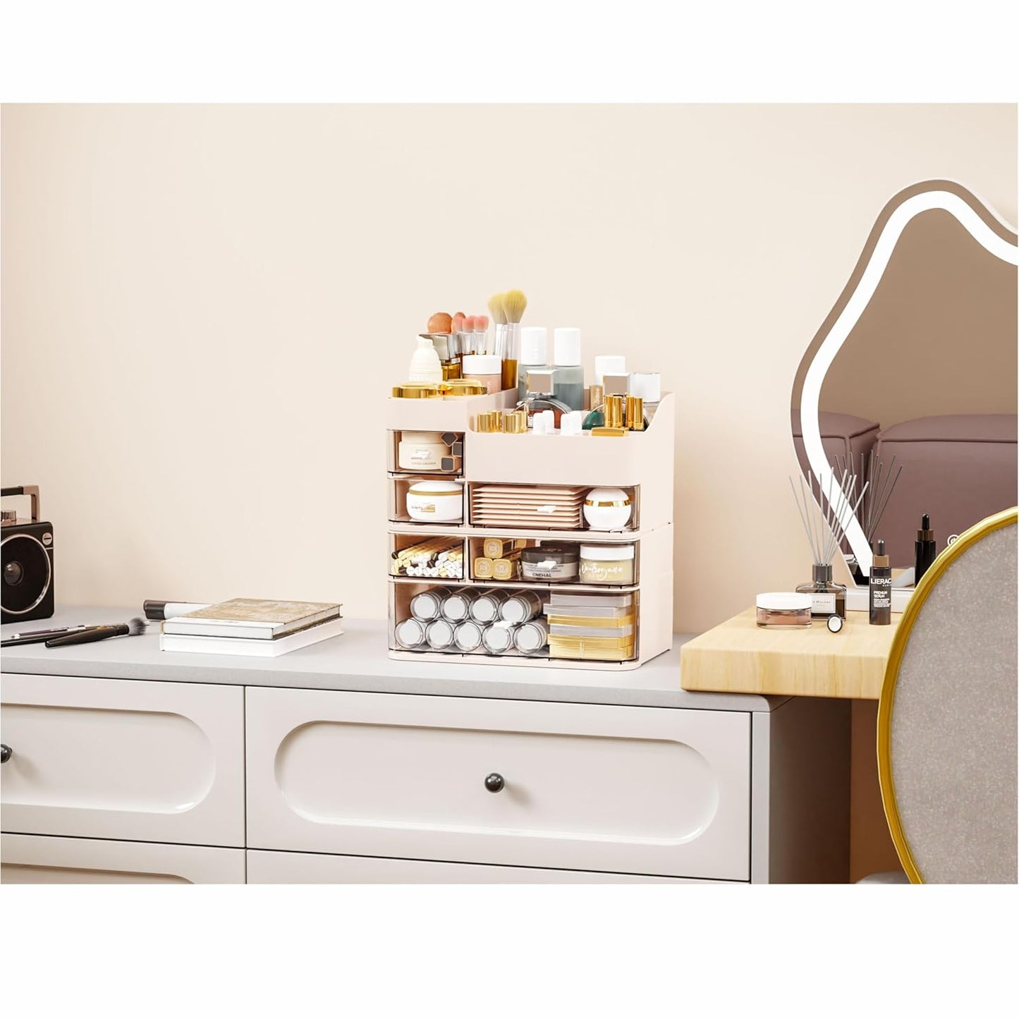White Makeup Organizer With Drawers,Large Skincare Organizers for Countertop,Desk,Dresser,Plastic Bathroom Counter Organizer for Brush,Palettes,Perfume,Beauty Products Organization,Skin Care Storage