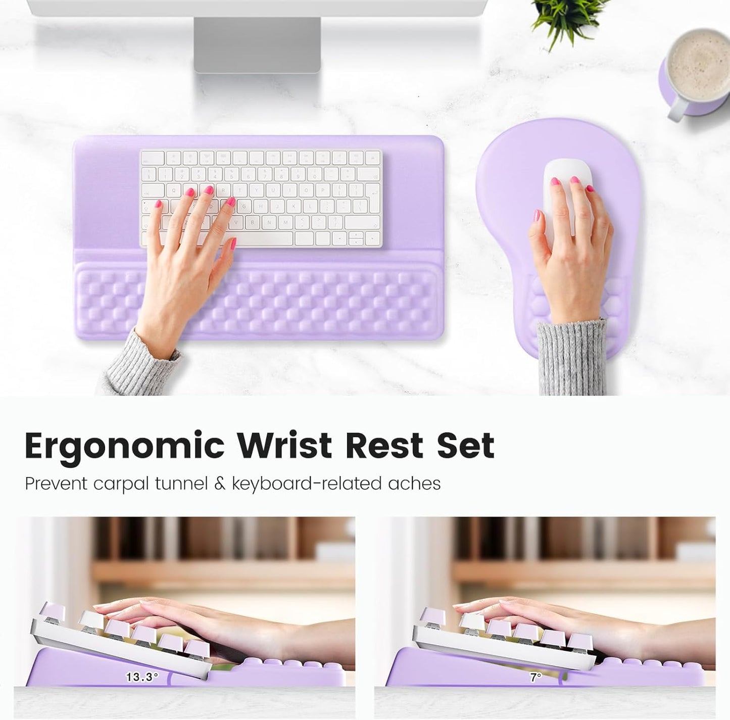 Ospelelf Ergonomic Mouse Pad and Keyboard Stand Wrist Rest Set, Memory Foam Comfort, Pain Relief for Typing, Office Desk Accessories, Moonlit Blossoms