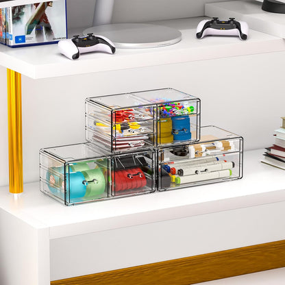 Cq acrylic 2 Pack Clear Desk Organizer With Drawers,Stackable 6 Drawers Skincare Organizer,Cute Skin Care Organizers for Vanity Hair Clip,Jewelry,Beauty Product Desk and Makeup Organizers Countertop