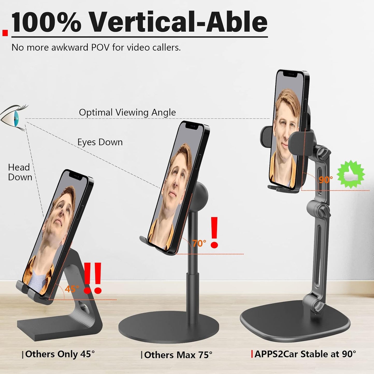 APPS2Car Phone Stand for Desk [No Dropping Stable Triple-Clamp Holder] Adjustable Height 360 Degree Rotation Heavy Base Thick Case Friendly, Multifunctional Cell Phones Stand for iPhone Android Phones