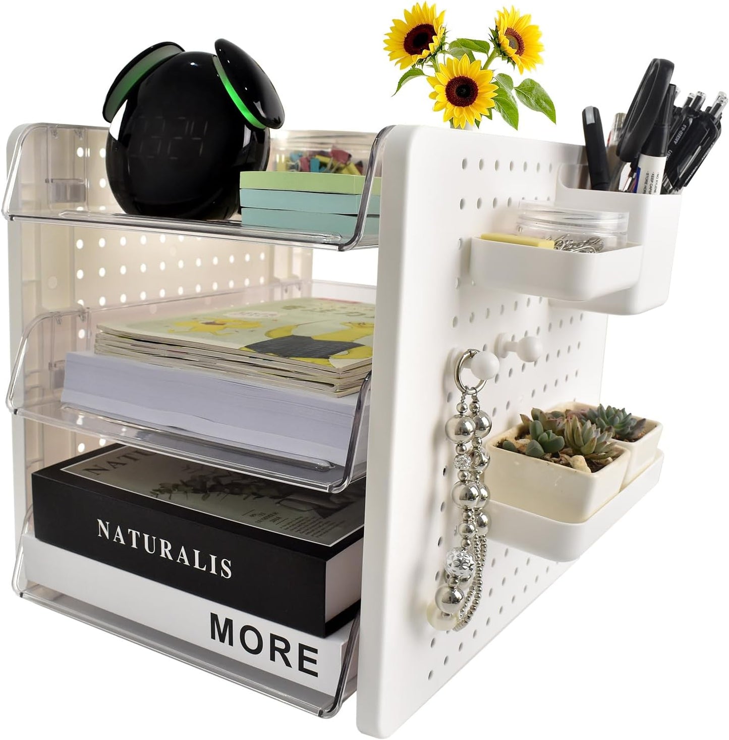 3 Tier Acrylic Desk Organizer,Clear Stackable Desktop Paper Container Letter Tray Shelf with Pen Holder, Pegboard Shelf Office Storage for File Paper, Letter, A4 Office File, Books, Notes