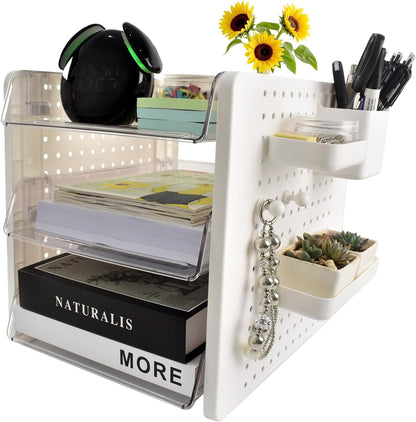 3 Tier Acrylic Desk Organizer,Clear Stackable Desktop Paper Container Letter Tray Shelf with Pen Holder, Pegboard Shelf Office Storage for File Paper, Letter, A4 Office File, Books, Notes