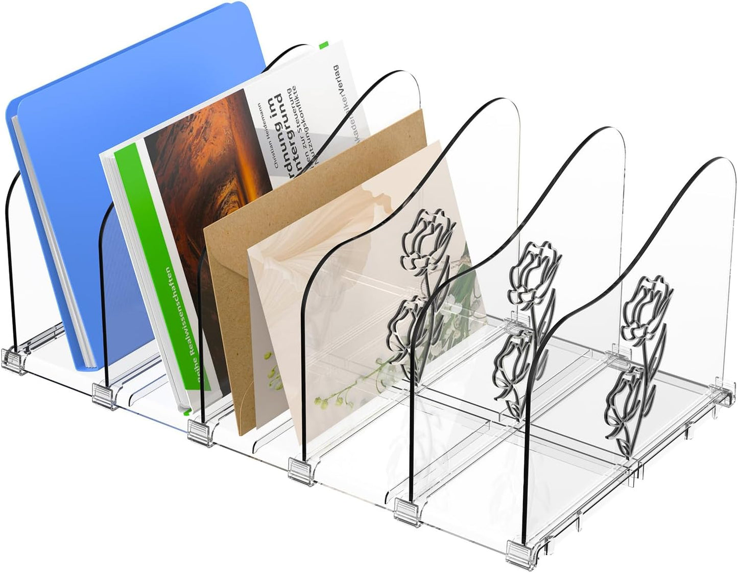 Adjustable Rose File Organizer for Desk, Vertical File Folder Holders for Magazines, Upright Desktop Binder Organizer, Clear Paper Bookshelf Divider File Sorter for School Office Supplies