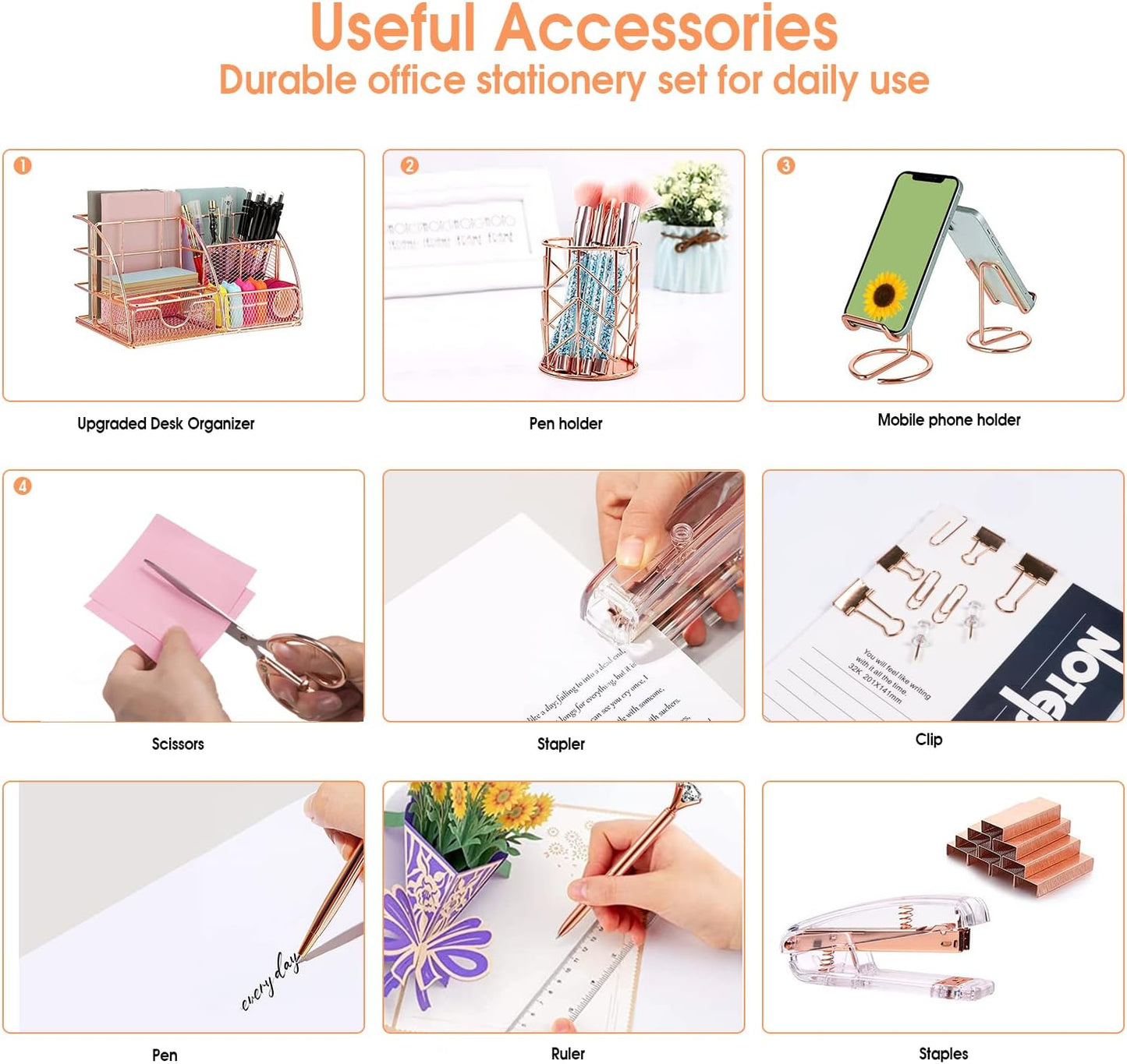 KAAKOW Gold Desk Organizers and Accessories Office Supplies Set Stapler, Pen Holder, Phone Holder, Scissors, Pen, Ruler, 30 Paper Clips, 22 Binder Clip, 20 Tacks and 1000pcs Staples (Gold)