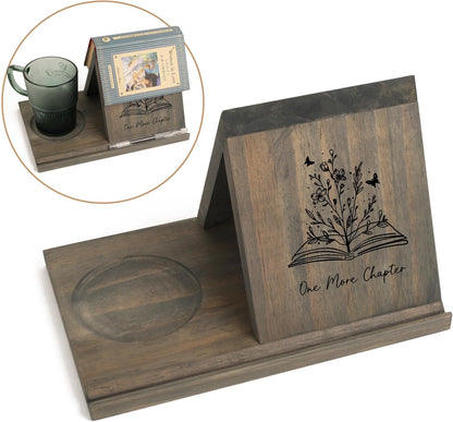 LITIVY Wooden Book Holder with Drink Holder, Wooden Triangle Bookmark Reading Rest with Slotted, Book Display Bookmark Book Holder Decor for Coffee and Book Lover Gifts (Greenish Gray)