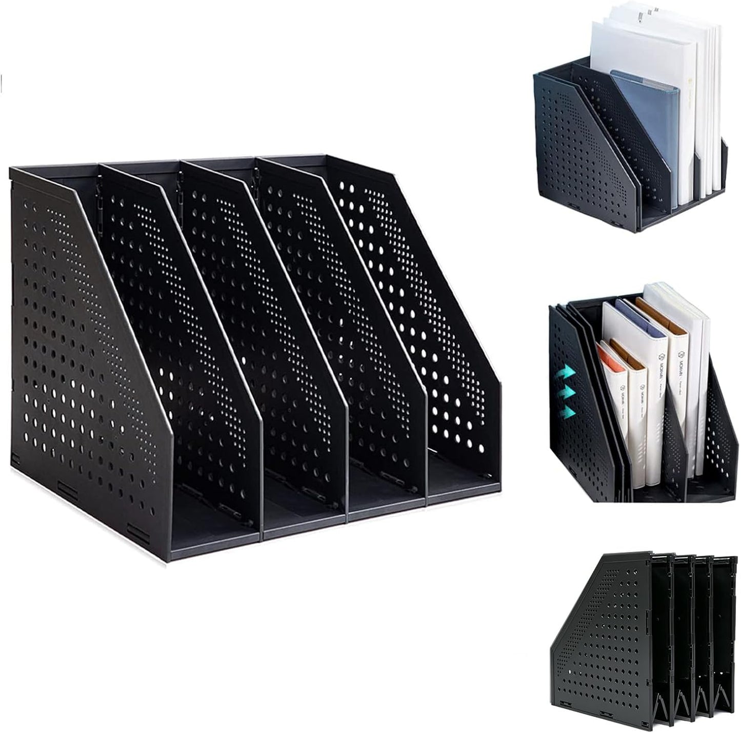 Marte Vanci Collapsible Magazine File Holder with 4 Vertical Compartments, Binder Holder for Desk, Desktop Binder Organizer for Notebook, Documents, Book, School Office Supplies(Black)