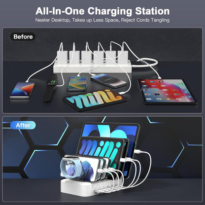 MSTJRY 90W 6-Port USB C Fast Charging Station for Multiple Devices, Multi PD Charger Station for iPhone iPad Tablet Phone, Charging Dock Organizer with Adjustable Dividers for Home Office Classroom