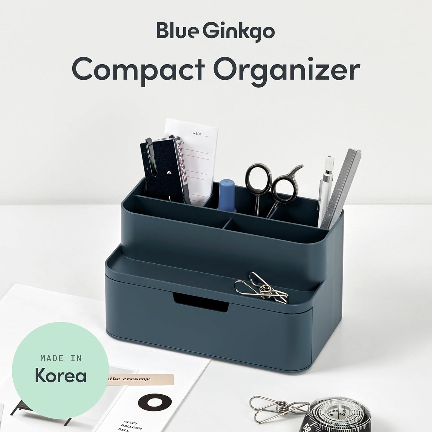 BLUE GINKGO Compact Desk Organizer – Small 5-Compartment, Half Drawer Storage – Pen Holder, Stationery Organizer for Desktop, Vanity, Shelf (Made in Korea, Green)