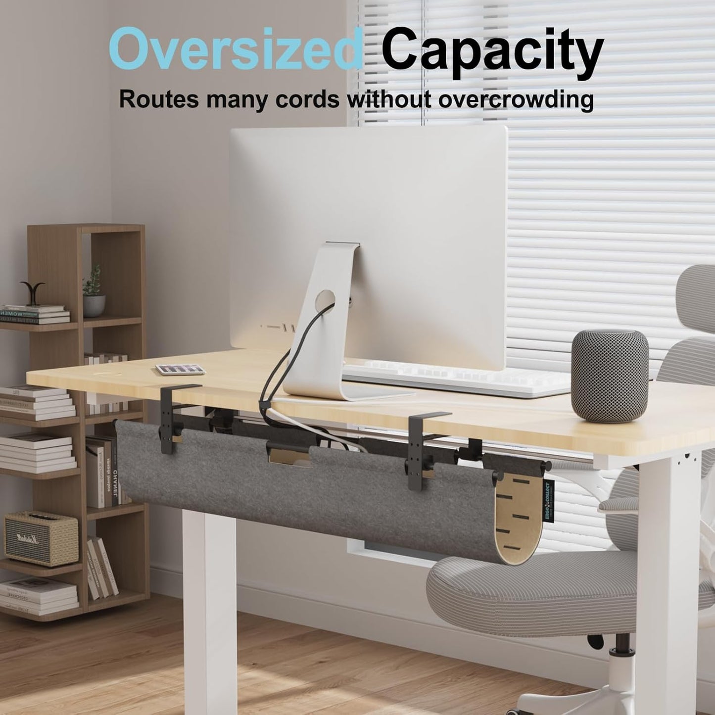 2-in-1 Under Desk Cable Management Tray & Privacy Panel, Dual-Sided Thick Felt Cord Organizer with 20 Cable Ties,Heavy Duty Steel Frame Support, No-Drill Clamp Mount,Large Capacity (Khaki/Gray, 45.2")
