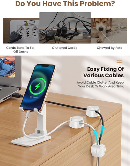 Kanemc Cable Clips Cord Holder for Desk, 360° Spin Magnetic Wire Organizer Self Adhesive Cord Management for Office Desks Cars Home Kitchen Electronic Accessory (White, 6 PCS)
