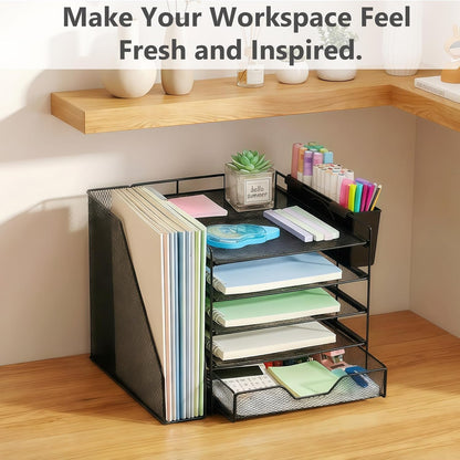 Desk Organizer, 5-Tier Paper Letter Tray Organizer with File Holder, Drawer and Pen Holder, Desktop Organizer for Office Supplies, Black