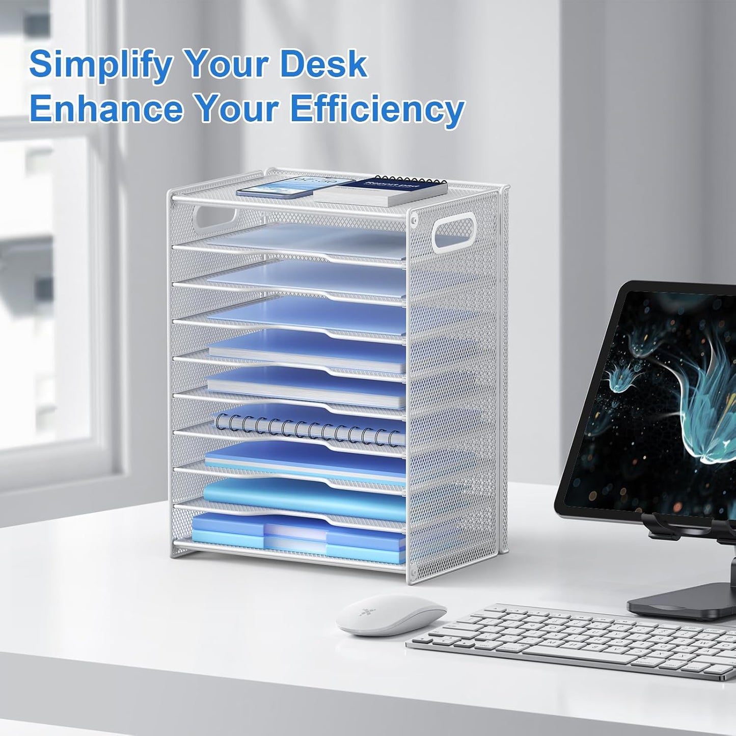 OUTWOLF 10 Tier Paper Organizer - Letter Tray Mesh Desk File Organizer with Handles for Office School Desktop, Black