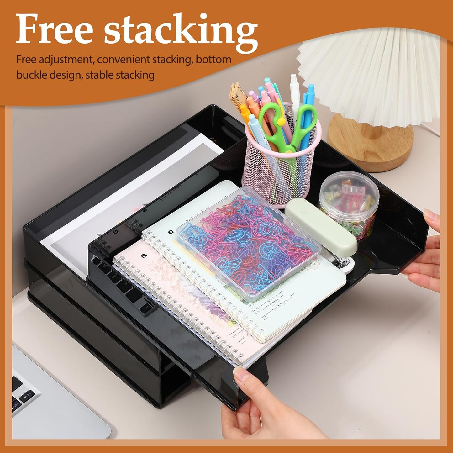 DoubleFill 12 Pcs Stackable Letter Tray Rectangular Plastic Desk Organizer 13 x 9.5 x 2.6 in Paper Holder File Tray Accessories Rack for Desktop Office Desk Drawers (Clear)