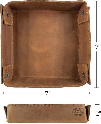 Hide & Drink, Leather Catchall Tray, Easy Access Organizer for Keys, Coins, Change, Jewelry, Watches, Smartphones, Durable, Vintage Style, Handmade :: Bourbon Brown