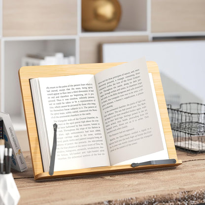 Bamboo Book Stand, Adjustable Reading Holder with Page Clips, Portable Lightweight Desk Stand for Textbooks, Cookbooks (Small)