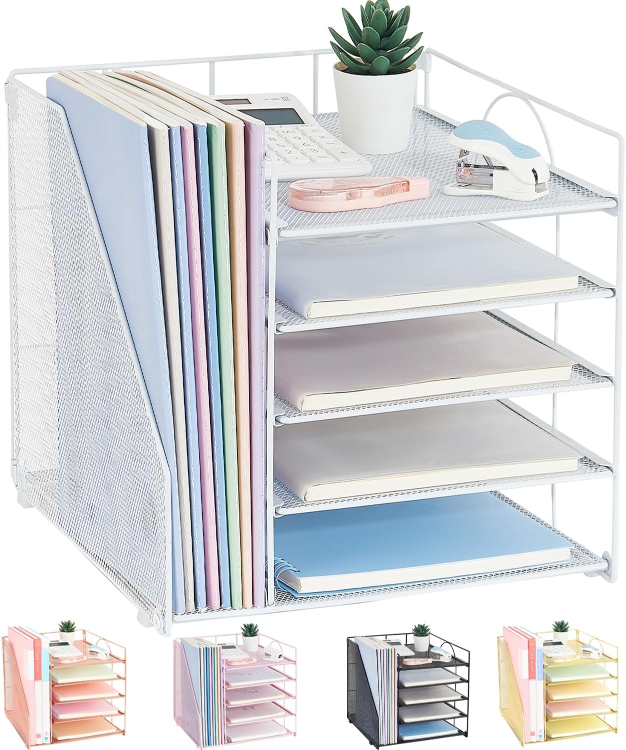 LEKETREE Desk Organizers and Accessories, 5-Tier Paper Letter Tray Organizer with File Holder, Desktop Organizer for Office Supplies (Black)