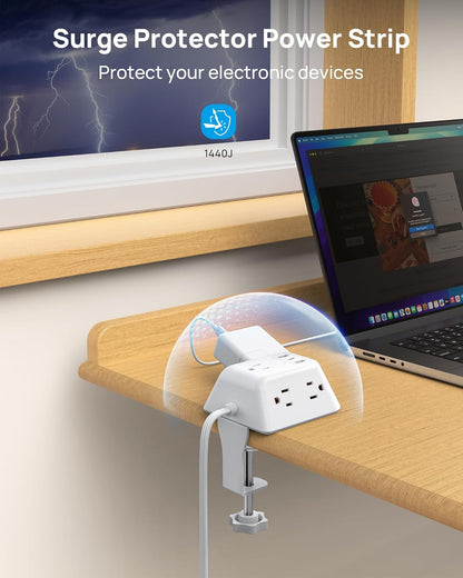 Desk Clamp Power Strip, Surge Protector with 5 AC Outlets and 3 USB Ports, Desk Mount Charging Station, Fit 1.97in Tabletop Edge Thick, 6FT Extension Cord, for Home Office Gaming Accessories, Black
