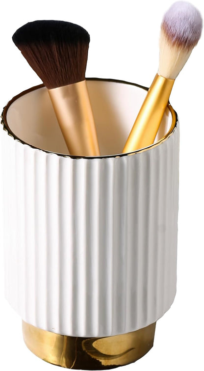 IEEK Makeup Brush Holder Organizer Pen Pencil Cup Glass Make Up Brushes and Toothbrush Organizer for Bathroom Vanity Desktop European Style Striped Brushes Container,Grey and Gold