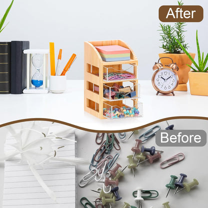 3 Drawer Desktop Accessory Storage Drawers Clear Desktop Organizer with Drawers Small Desk Organizer with Drawer Paper Clip and Binder Holder Wood Acrylic Sticky Note Holder 4.53"L x 4.1"W x 7.7"H