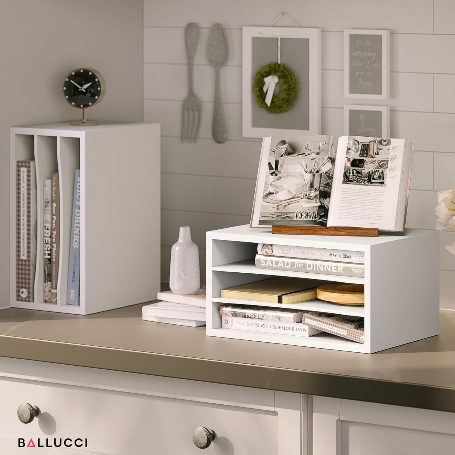 Ballucci 4-Tier Paper Organizer for Desk, Stackable Organizer Tray, Desk Storage Shelves, Stacking Letter Paper Tray Sorter for Classroom, Office, White