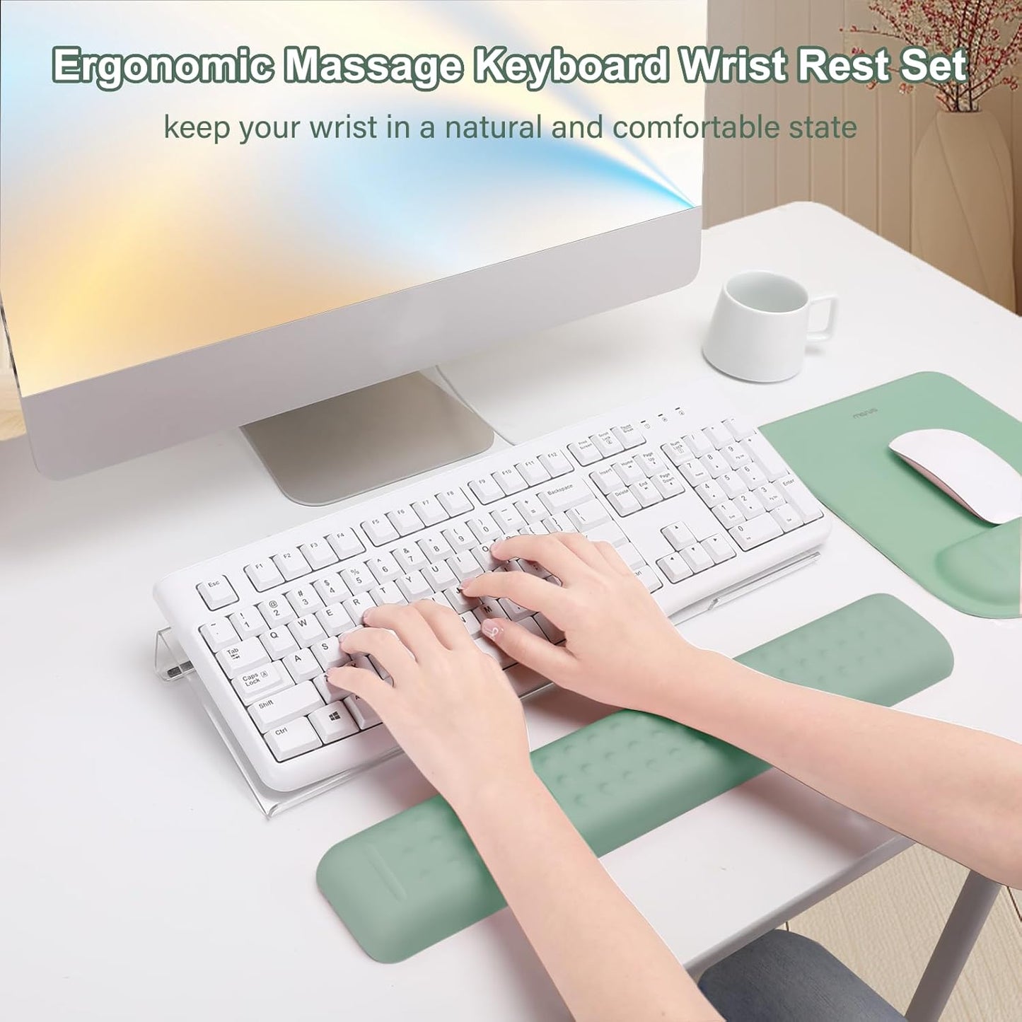 MOSISO Computer Keyboard Stand&Wrist Rest Support for Keyboard &Mouse Pad Set, Ergonomic Massage Wrist Rest Set, Easy Typing Working Acrylic Clear Stand for Office Home, Apricot