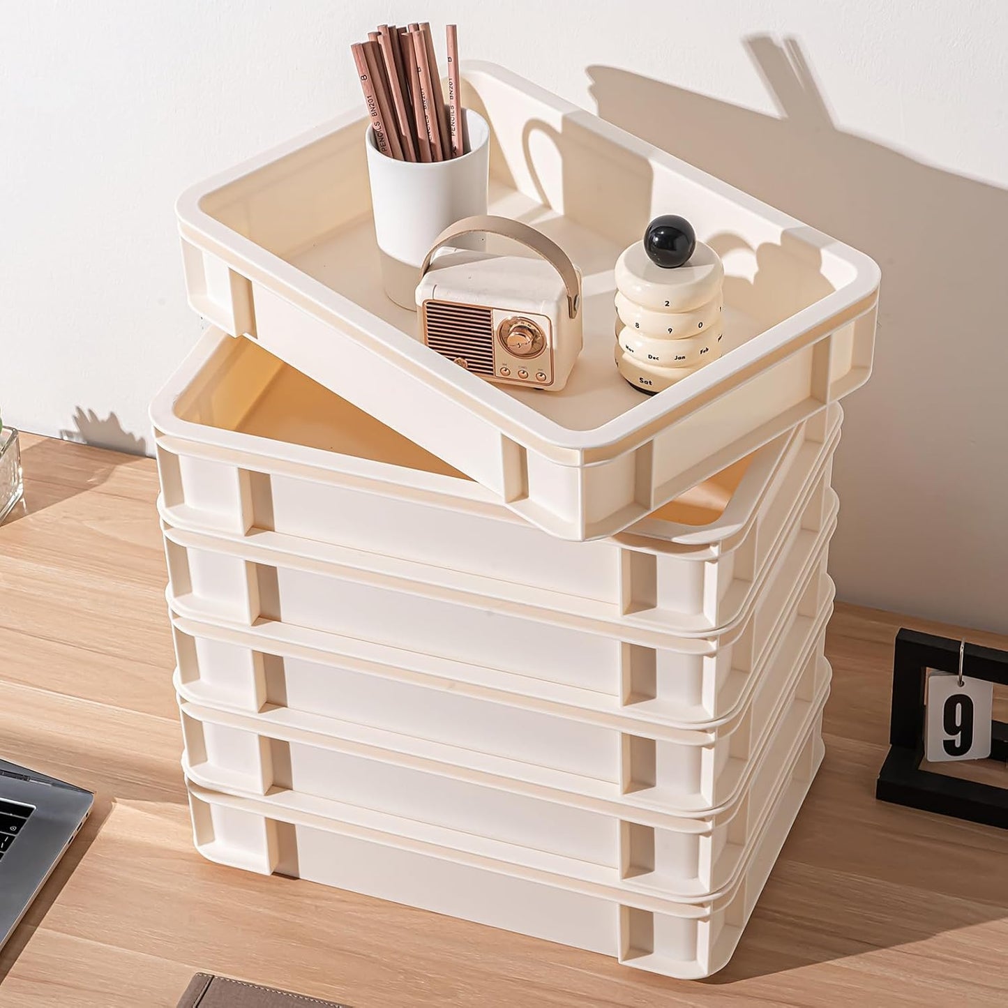 Stackable Organizer Boxes - Create Your Perfect Modular Desktop Storage System Office Desk Organizer Set15.8''*11''*3.26'' (Beige, 6Large)