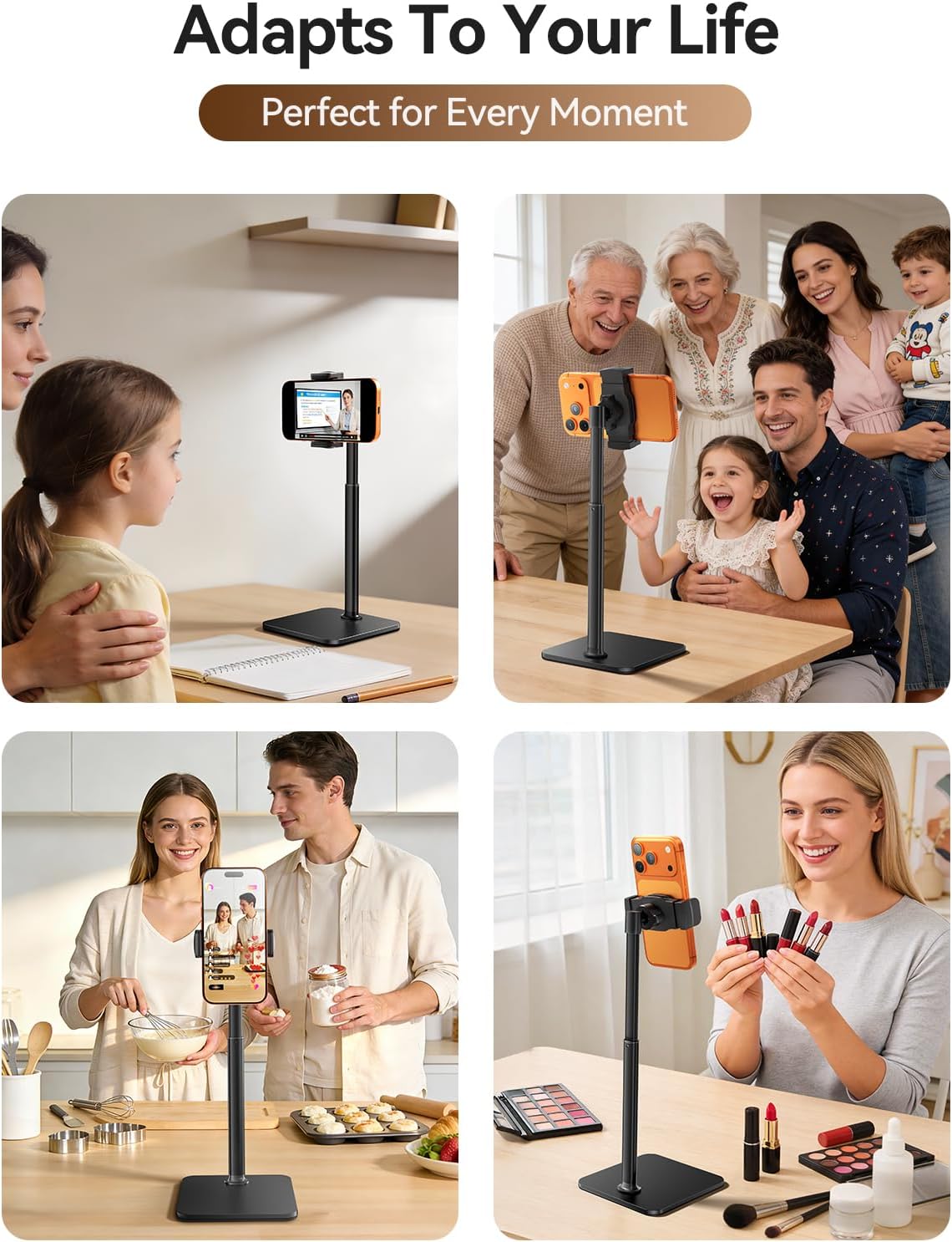 tounee Phone Stand for Desk, 8-11" Height Adjustable Cell Phone Holder for Live Streaming, Video Recording, TikTok – Compatible with iPhone 17/16/15, Samsung, All 4-7" Smartphones -Black