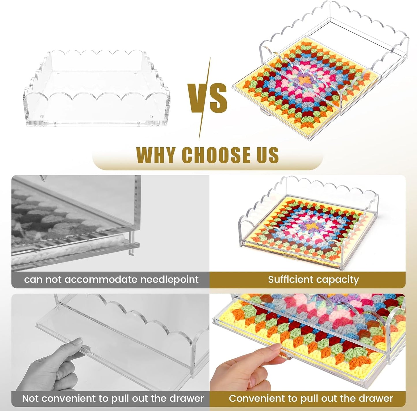 Scalloped Acrylic Tray, 5" x 5" Clear Acrylic Tray with Drawer for Insert Needlepoint, Customizable Photos, Art, Fabric, Napkin, Jewelry Organizer, Modern Desk Decor Gift