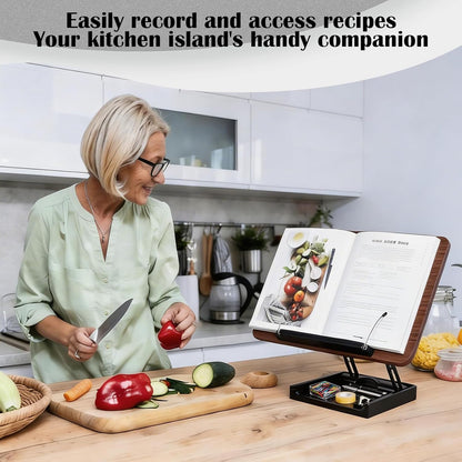 Wooden Book Stand for Reading with Storage Box Non-Slip Base, Adjustable Height & Angle, Foldable Desktop Riser with Page Clip, Hands Free Book Holder for Kitchen Counter, Cookbook, Recipe, Laptop