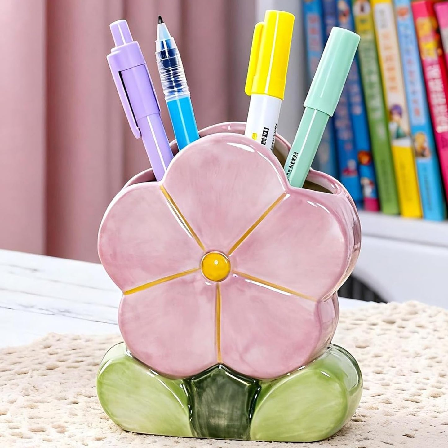 Red Makeup Brush Holder Pen Holder Office Desk Accessories Aesthetic Pencil Holders Cute Toothbrush Holders Flower Home Decor Vase Birthday Gifts for Women Vanity Kawaii Kitchen Utensil Holder