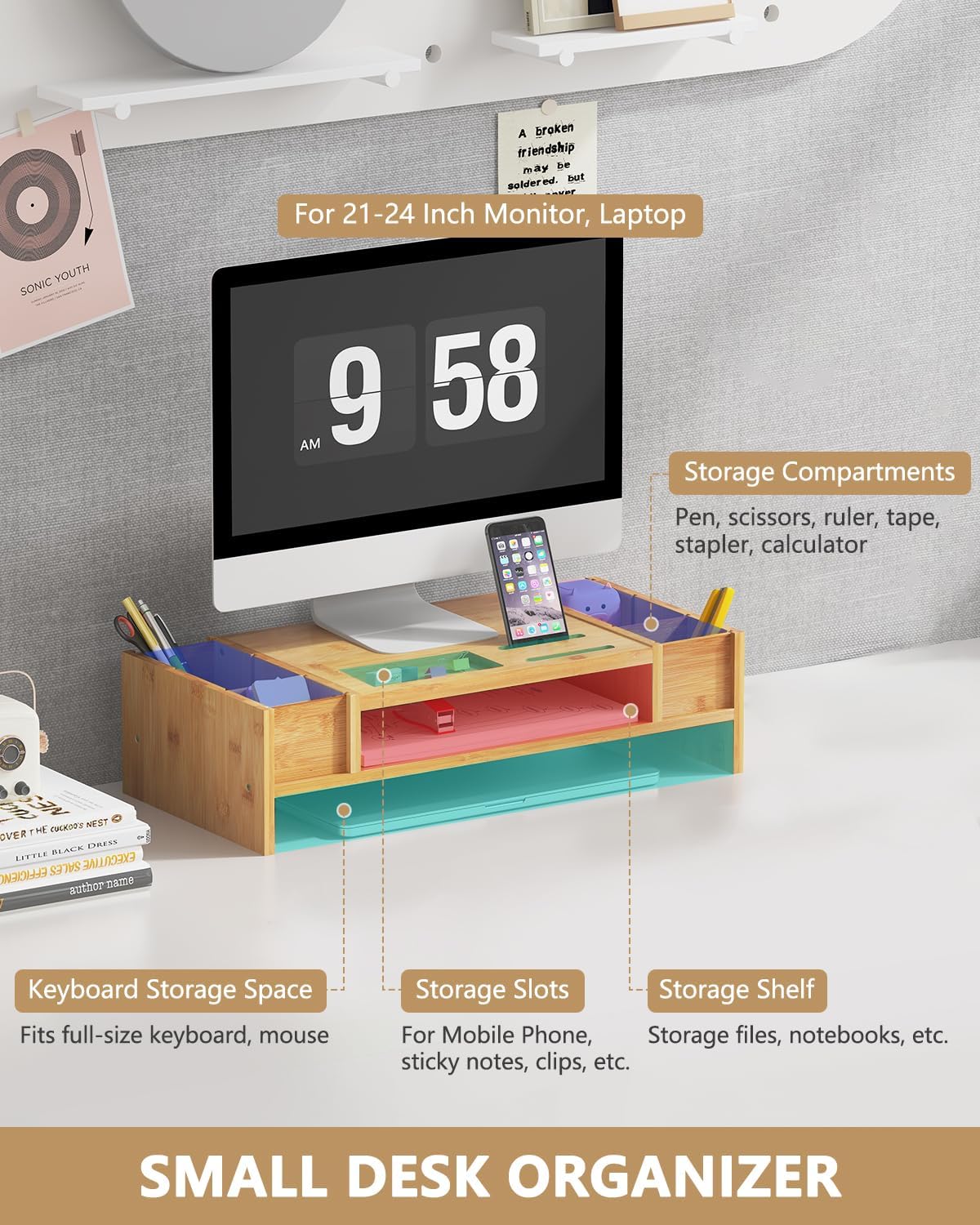Ufine Bamboo Monitor Stand with Storage Compartments Ergonomic Computer Laptop Riser Small Space Organizer for Home Office