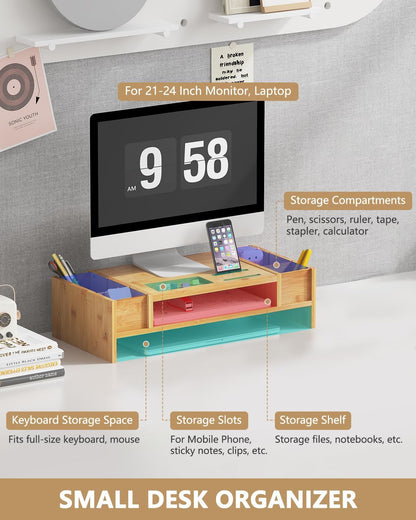 Ufine Bamboo Monitor Stand with Storage Compartments Ergonomic Computer Laptop Riser Small Space Organizer for Home Office