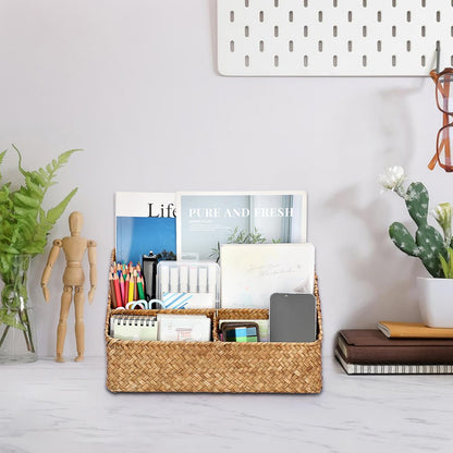 BTSKY Woven Storage Basket Natural Seagrass Vertical Wicker Storage Baskets with 4 Compartments Desk Organizers and Storage Magazine File Holder Home Office Supplies Sorter Rack, Coffee