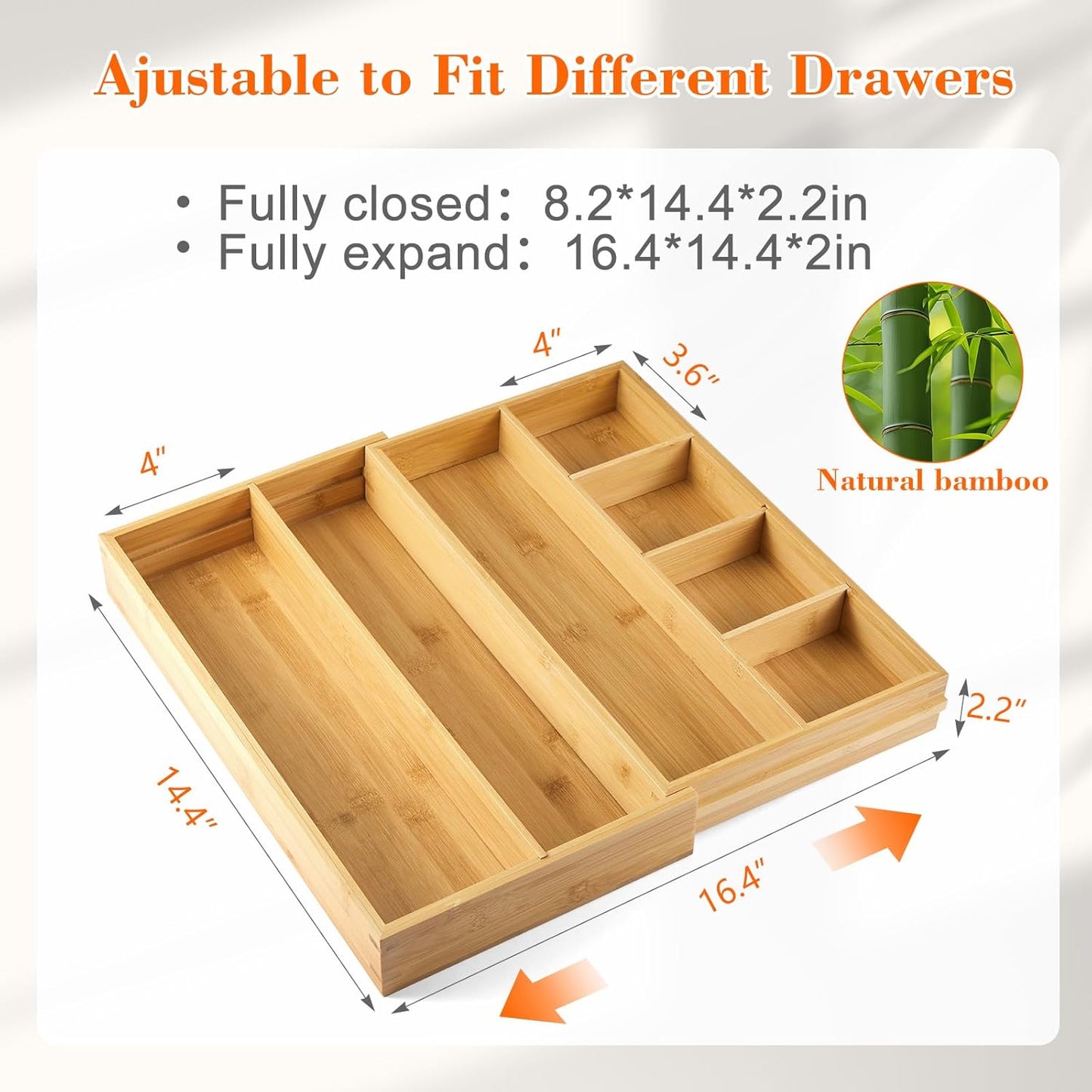 Bamboo Sliding Desk Drawer Organizer 8.2'' up to 16.4'' x 14.4'' x 2.2'' Expandable Office Desk Accessories Supplies Tray with 7 Compartments for Pens, Notebooks, Rulers, and Makeup Jewelry Vanity