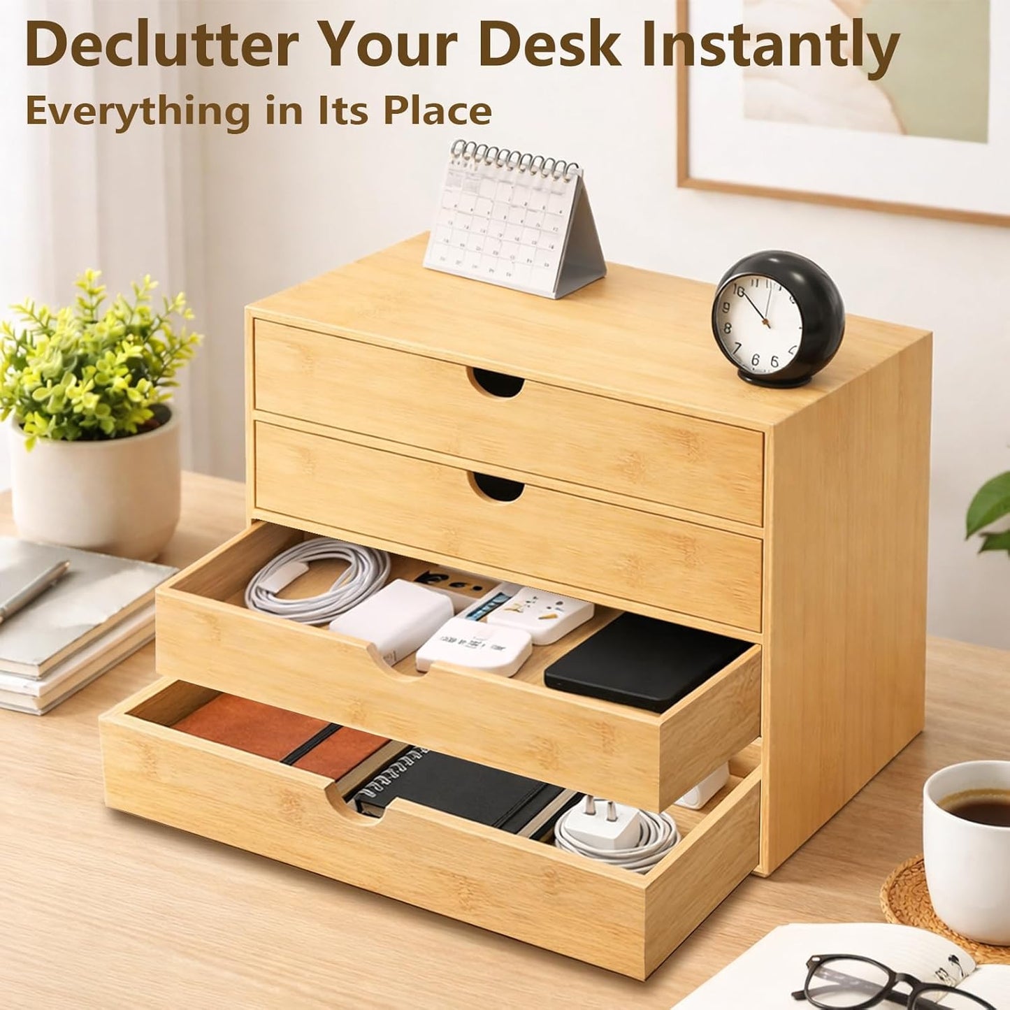 Neando Bamboo Desk Organizer with 2 Drawers, Wooden Countertop Drawers Organizer, Tabletop Storage Organization Box for Office & Home, No Assembly Needed